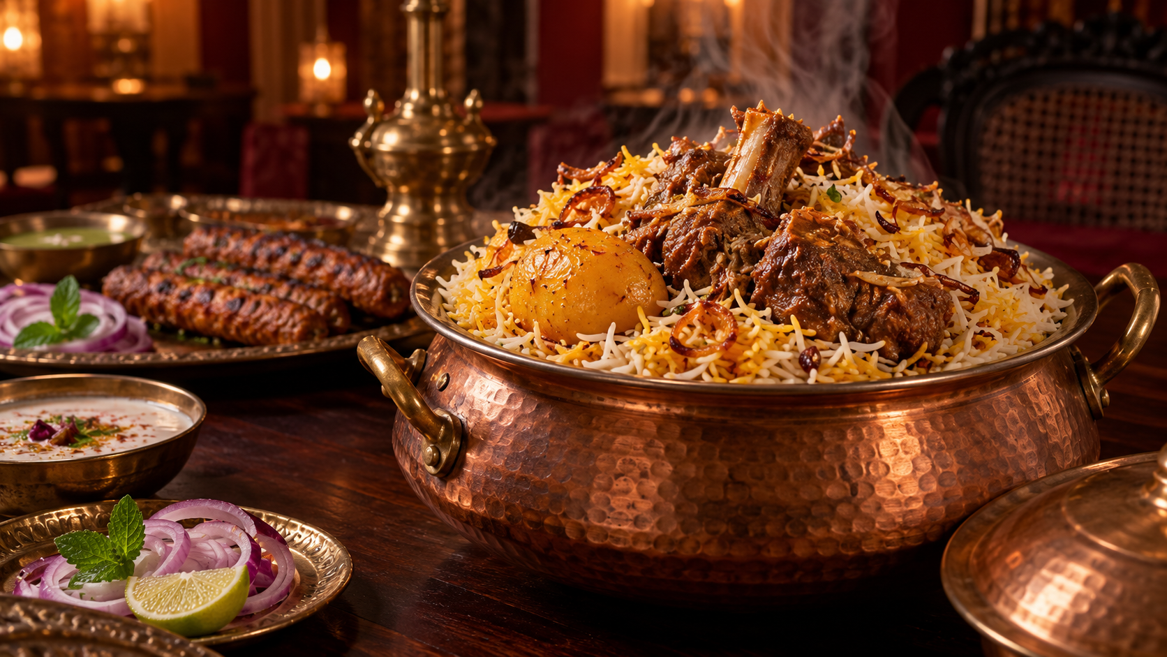 Illustrative image of biryani in a copper handi